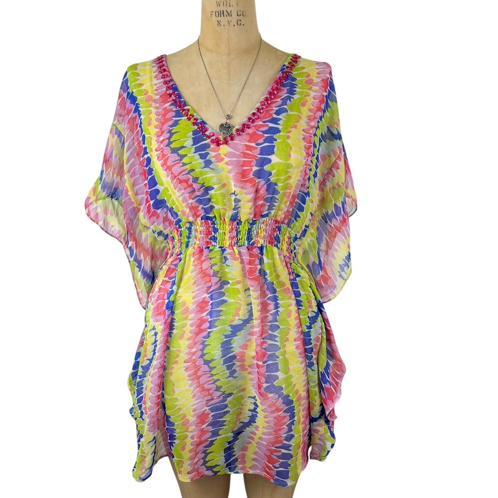 Boho‎ Kaftan Blouse Smocked Waist Beaded V-Neck Womens M/L Beach Summer Coverup
